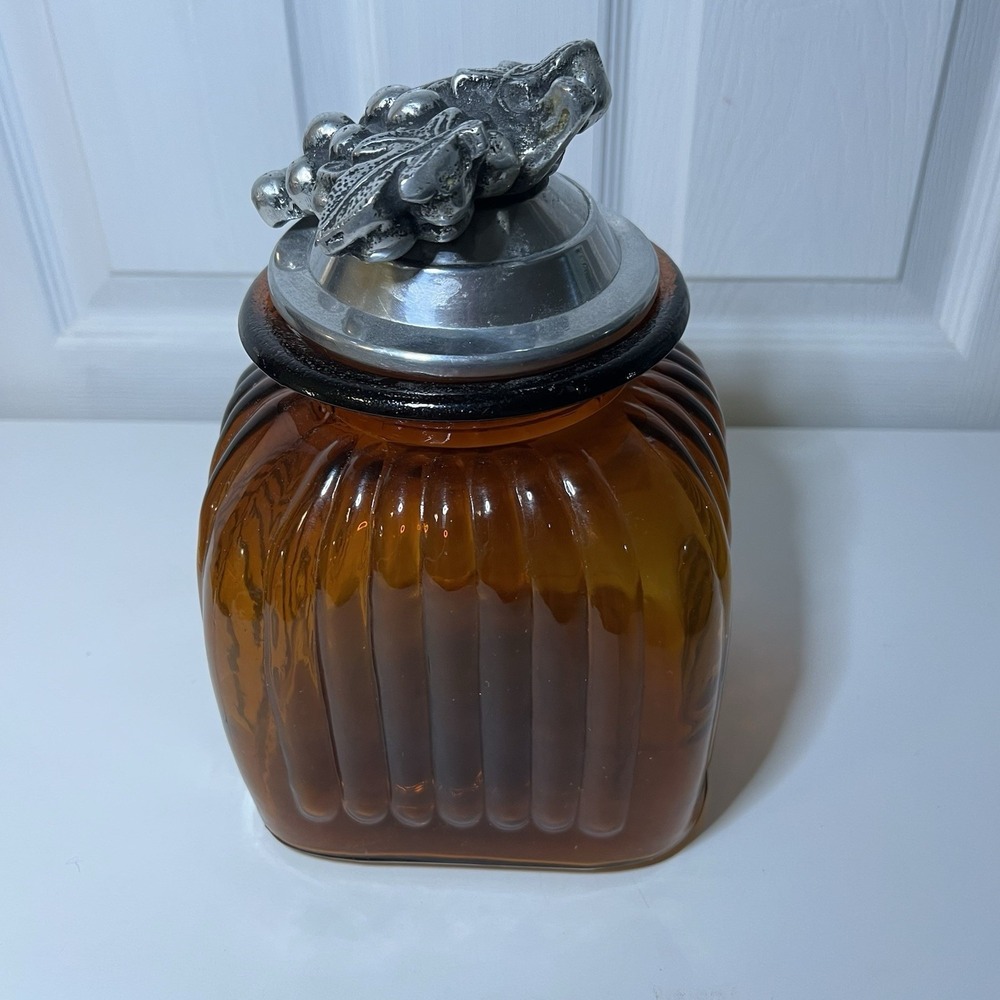 Large Ribbed Amber Glass Canister Jar Cast Metal Grapes Handle Lid 9"x7"x7" - Picture 4 of 6